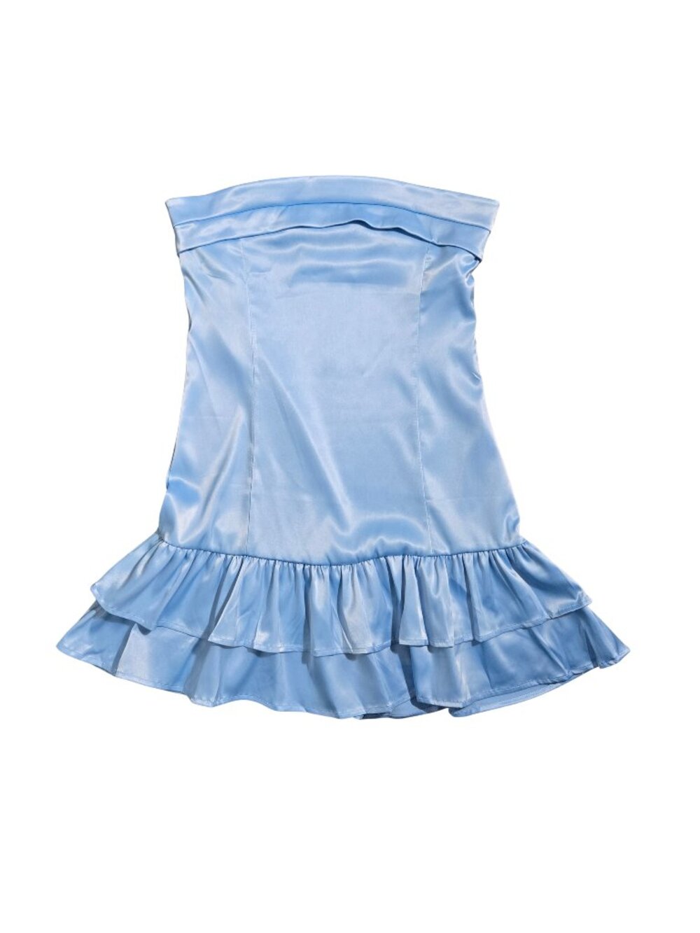 NWT | MTGGD | Powder Blue Satin Strapless Tiered Ruffle Hem Mini Dress | Large - Picture 2 of 7